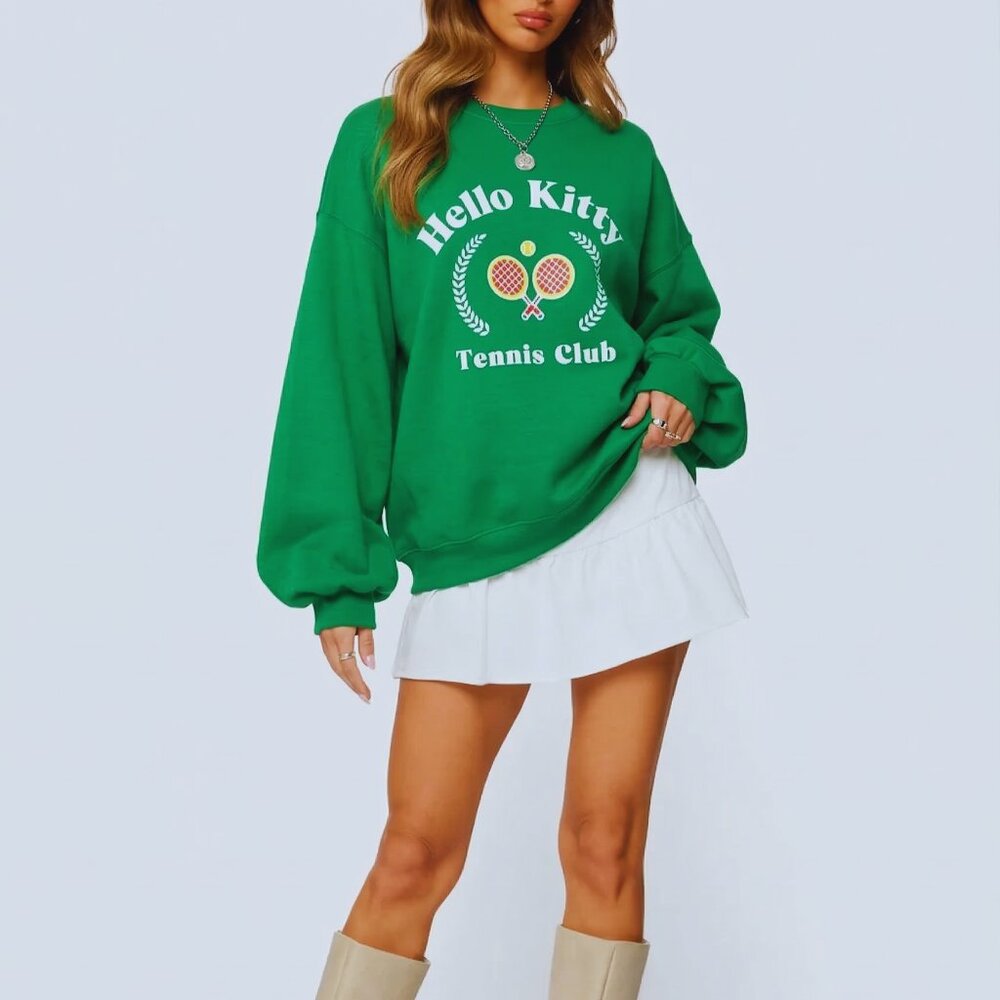 NWT Sanrio Hello Kitty Tennis Club Green Oversized Crewneck Sweatshirt Large